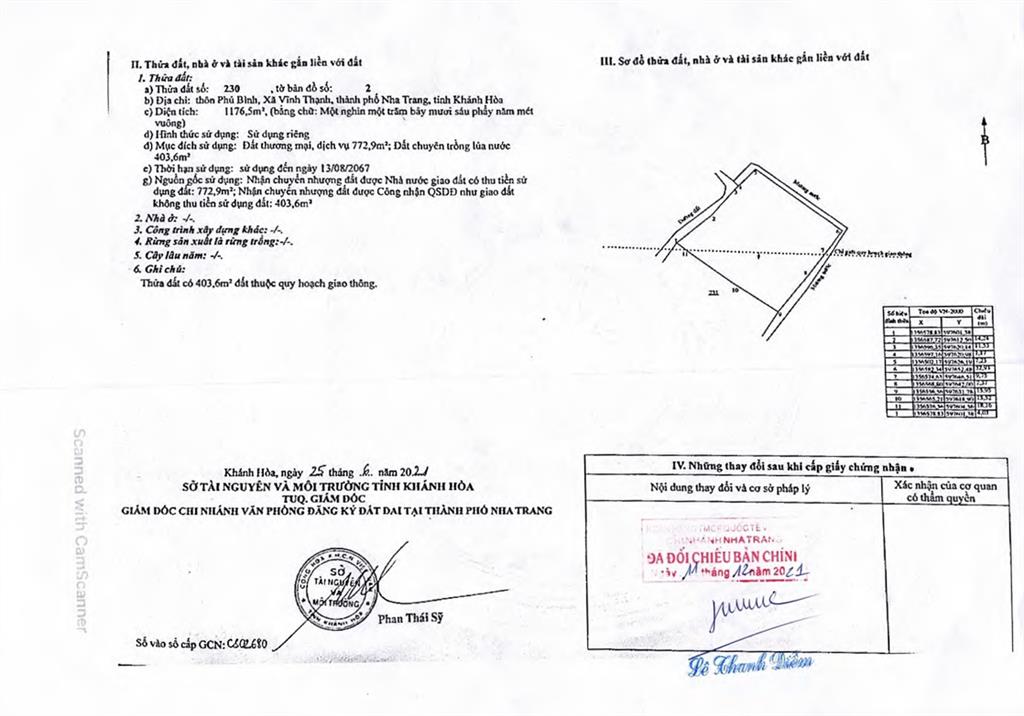 Bán qsdđ thửa đất số 230, tbđ số 2, thôn phú bình, xã vĩnh thạnh, tp. nha trang, tỉnh khánh hòa