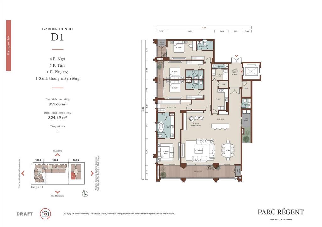Cần bán căn d1 325m2 tầng 6,7,8 vip nhất parc regent, park city