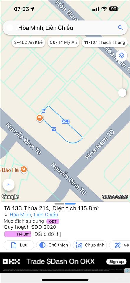 Lô góc 2 mặt tiền đường 10m5 nguyễn đình tứ và hoà nam 10. diện tích 116m2 ngang 6m. giá 7,6t