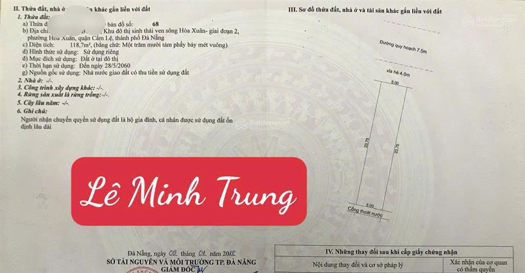 Bán cặp đất liền kề đường 7m5 236m² đất đường lê minh trung, hòa xuân, đà nẵng 0934 863 ***
