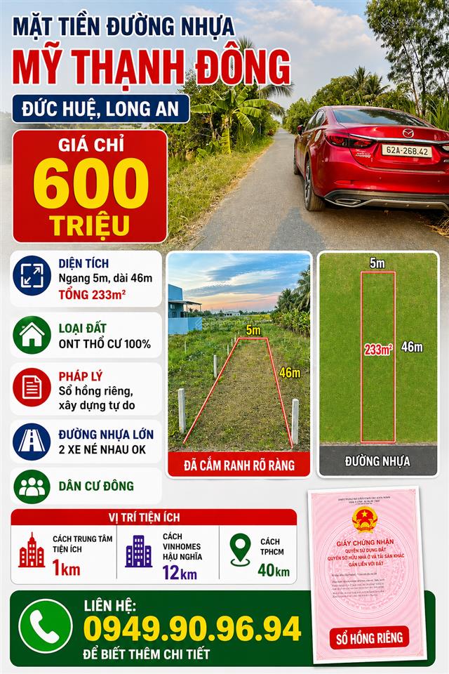 233m2 thổ cư đường nhựa mỹ thạnh đông thanh chỉ 200 triệu có ngay sổ hồng, còn lại nh.0949 909 ***