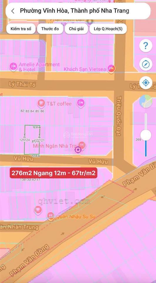 Bán đất 67tr/m2 đường vũ hữu, hòn xện, vĩnh hoà, bắc nha trang. dt 276m2 (ngang 12m). gần biển.