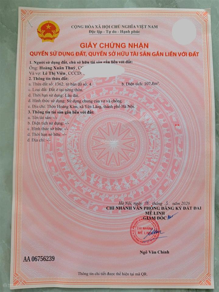 107,8m giá 35tr fun thổ cư tại hoàng kim, hà nội.