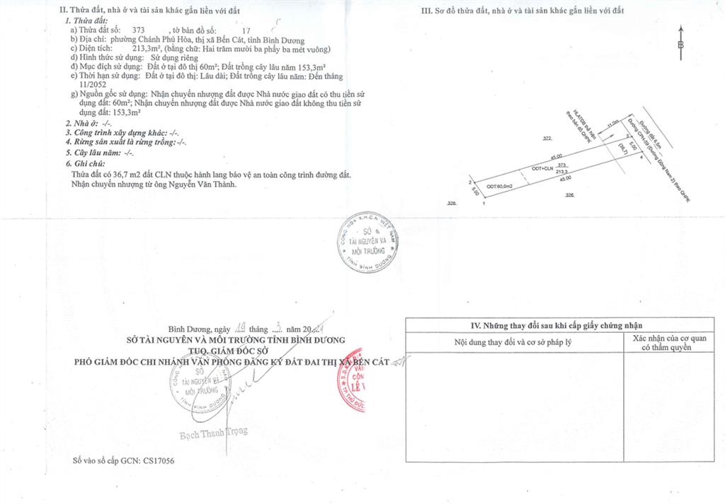 Bán qsdđ thửa đất số 373, tờ bản đồ số 17, p. chánh phú hòa, tx. bến cát, t. bình dương