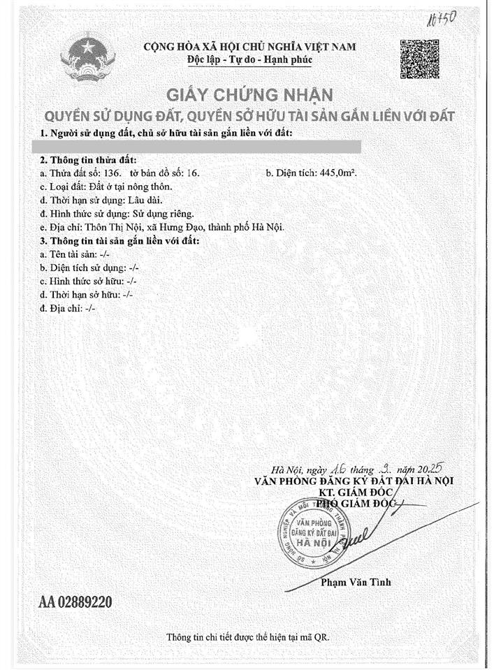 Bán đất tại tân hoà quốc oai gần đường tl 419, dt 445m2, giá chỉ 19 triệu/m2