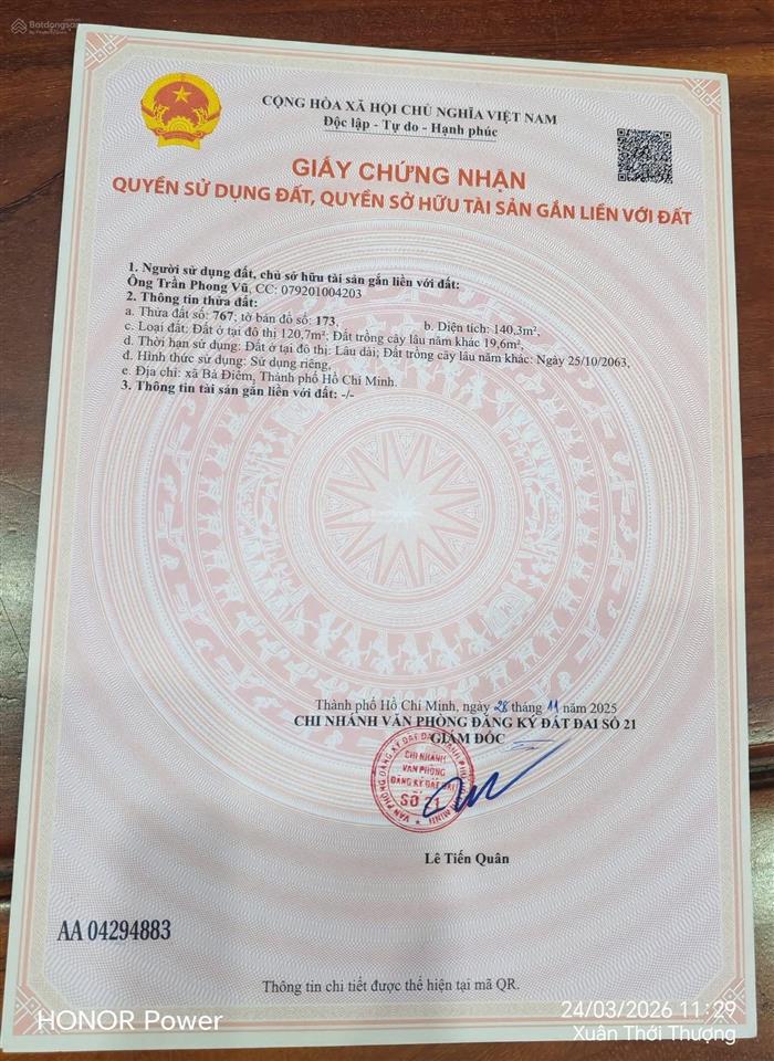 Giảm mạnh còn 5,3 tỷ lô đất thổ cư mặt tiền nhựa ấp 4 xuân thới thượng cũ