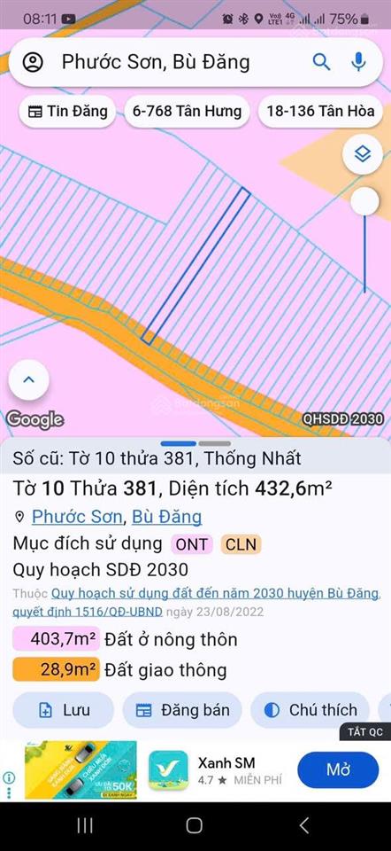 Bán đất tại đt 312, phước sơn, huyện bù đăng, 380 triệu vnd, 432m2, hàng hiếm chính chủ