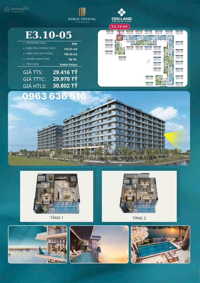 Duplex sky villa hiếm noble crystal long biên 3pn 29.4 tỷ