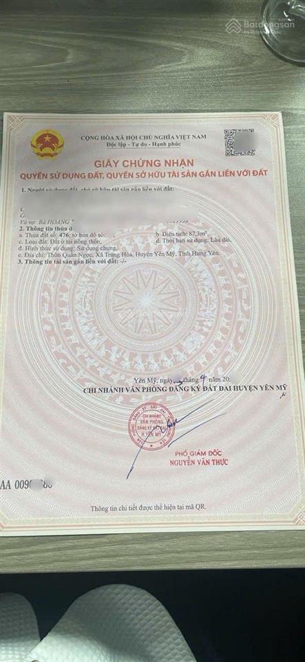 Chính chủ gửi bán lô đất đẹp, vuông vắn, tại quần ngọc, trung hòa, yên mỹ. gần sát ngay kcn yên mỹ