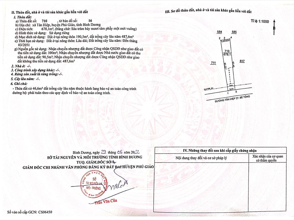 Bán qsdđ thửa đất số 710, tờ bản đồ số 16, xã tân hiệp, h. phú giáo, tỉnh bình dương