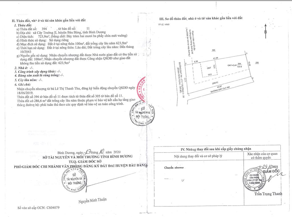 Bán qsdđ thửa đất số 394, tờ bản đồ số 11, x. cây trường ii, h. bàu bàng, t. bình dương