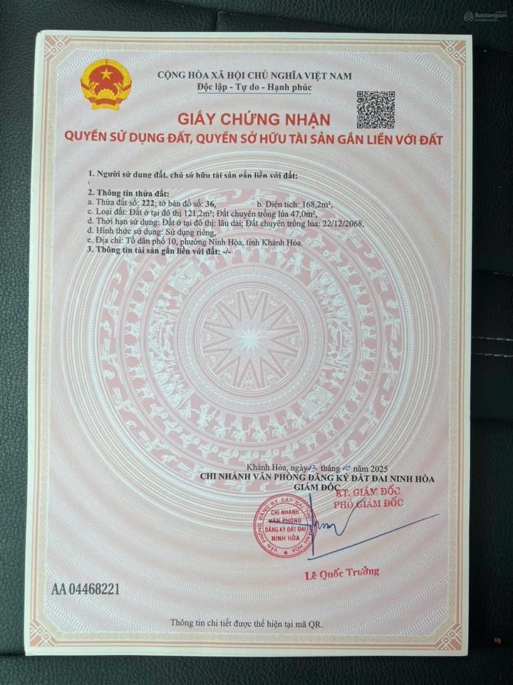 Bán đất tại 79, nguyễn trường tộ, ninh hiệp, ninh hòa, 1,6 tỷ, 168m2, giá ưu đãi
