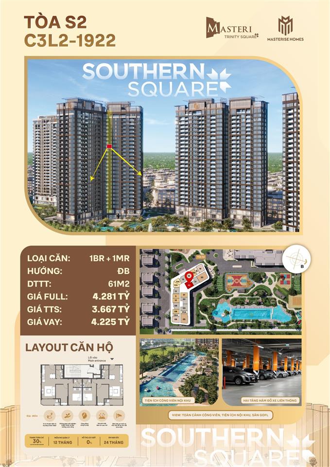 Căn hộ hàng hiệu hướng đông nam giá sapphire 54,5tr/m2 nổi bật tại masteri trinity ocean park 2