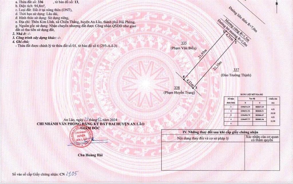 Bán đất đẹp tại chiến thắng, an lão, hải phòng, 2,65 tỷ, 95,8m2 siêu hot