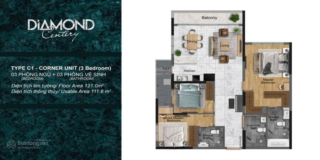 Bán căn 3pn 3wc, dt 121m2 , ban công dài diamond centery celadon city, giá 10.3tỷ, trả dãn 36tháng
