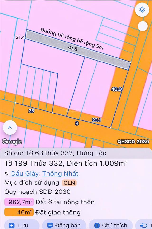 Bán 1000m2 gồm nhà đất 2 mặt tiền đường nhựa trung tâm ấp 9/4 xã dầu giây, 3.05 tỷ
