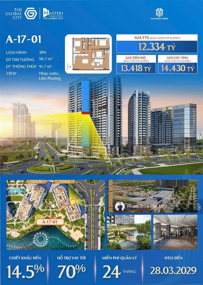 Masteri cosmo central suất 3pn 98,7m². giá bán tt sớm 12,334 tỷ tt tiến độ 13,418 tỷ