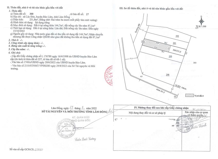 Bán qsdđ thửa đất số 300, tờ bản đồ số 27, x. lộc đức, h. bảo lâm, t. lâm đồng