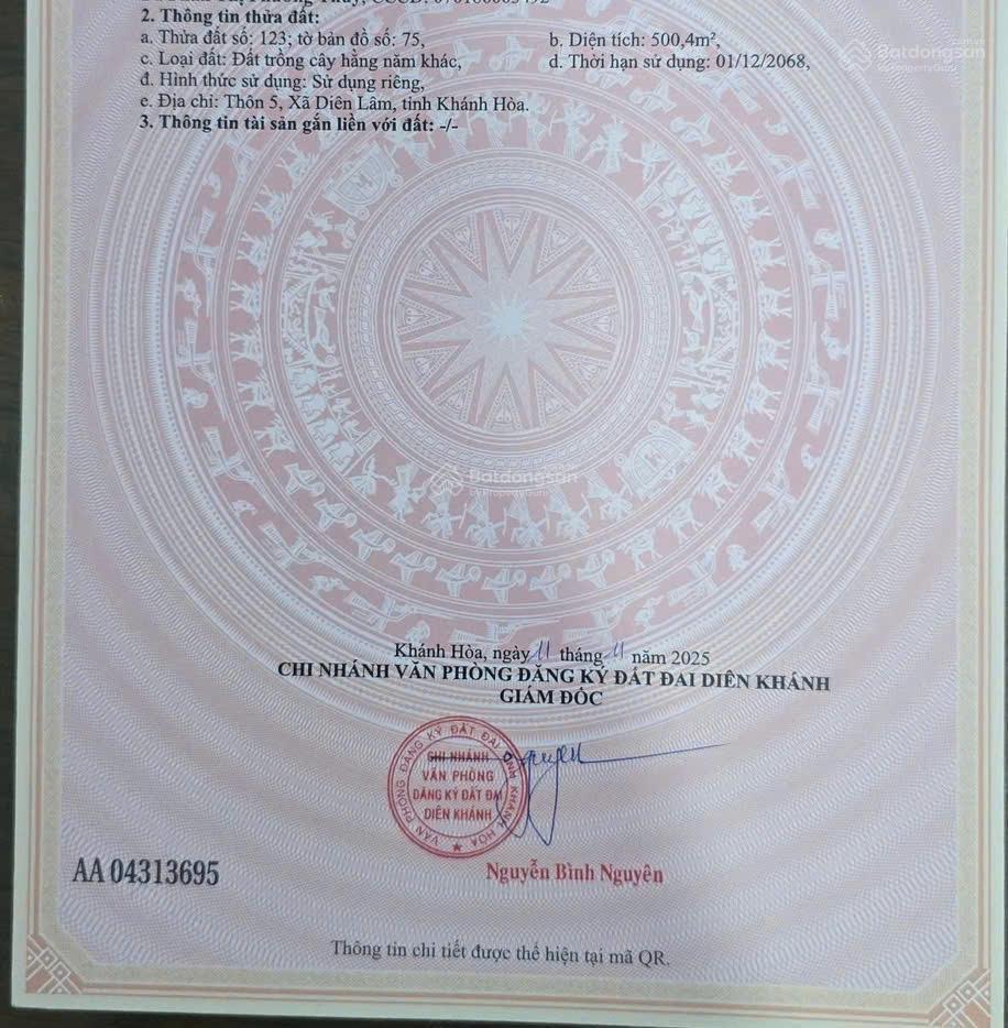 Bán đất thôn 5 diên lâm diên khánh khánh hoà