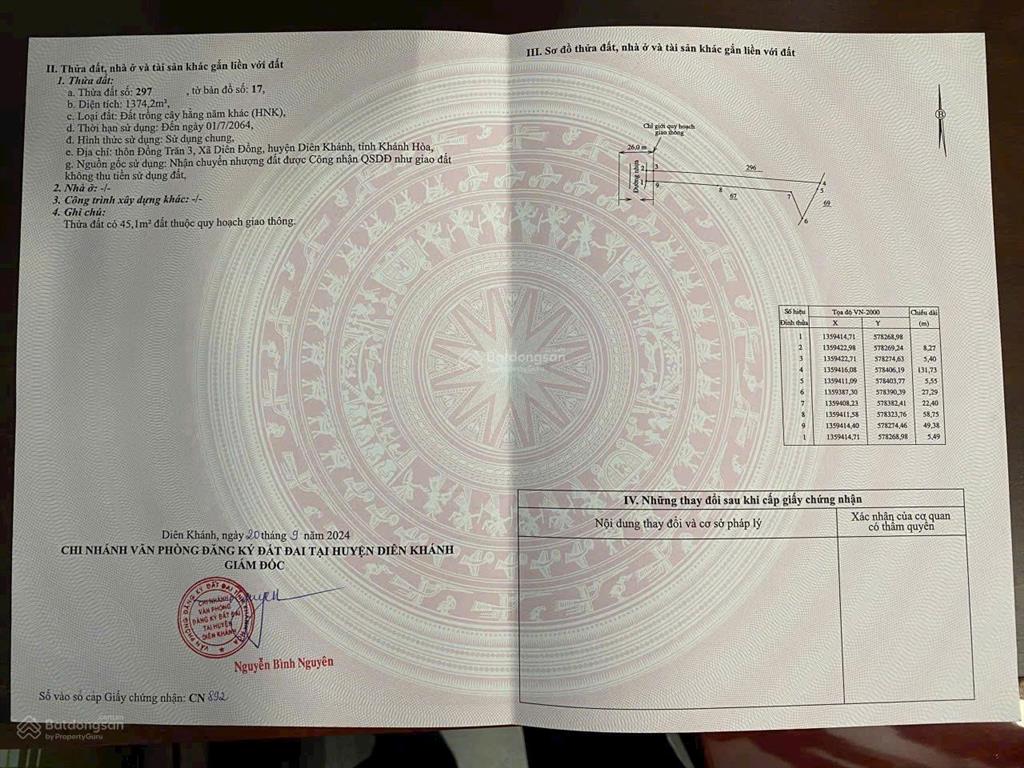 Bán đất dt 1.374 m2 thôn đồng trăn 3 diên đồng (nay là diên lâm) diên khánh