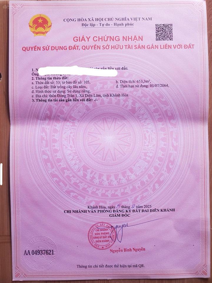 Cần bán lô đất thôn đồng trăn 1, xã diên lâm, dt 653 m2