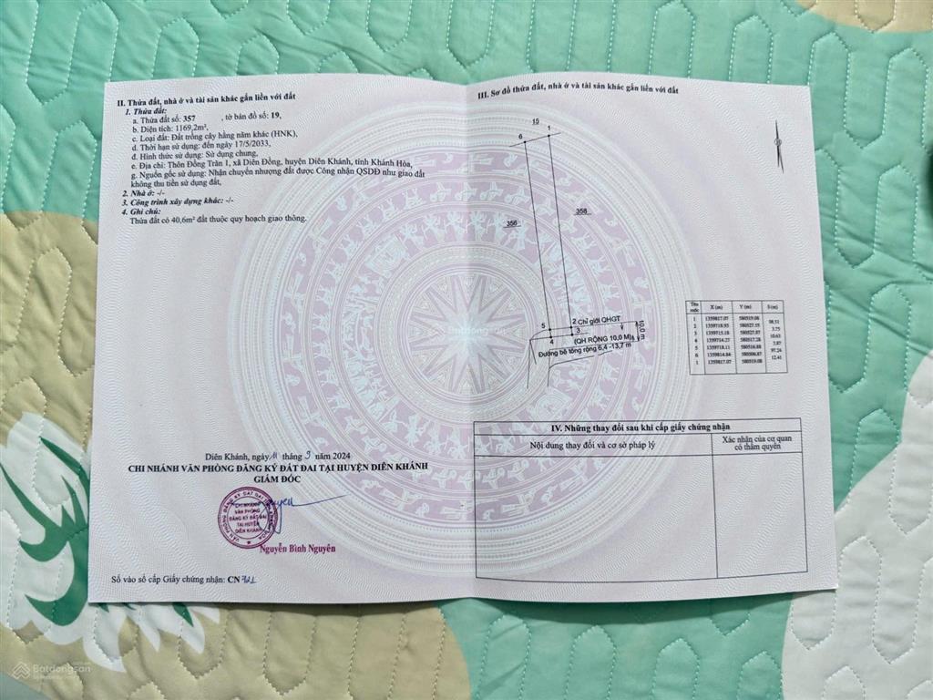 Cần bán lô đất xã diên đồng, diên khánh, khánh hòa. dt 1.169 m2
