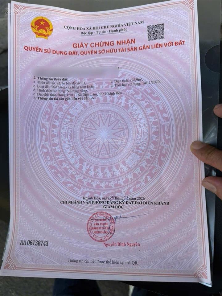 Cần bán lô đất thôn đồng trăn 1, xã diên lâm, dt 726 m2