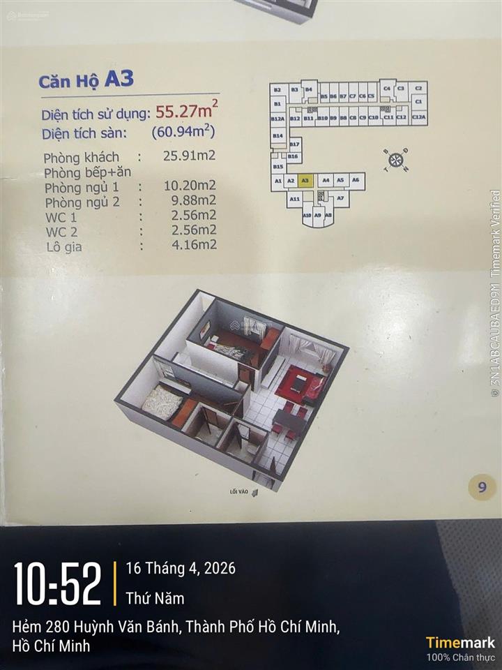 Bán căn hộ cc hqc hóc môn, 1,25 tỷ, 54,3m², 2pn, 2wc, giá tốt chính chủ