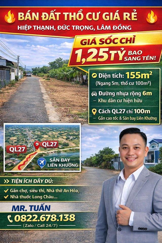 Bán đất thổ cư 155 m, giá 1,25 tỷ tại xã hiệp thạnh, lâm đồng. gần sân bay liên khương, chợ, trường