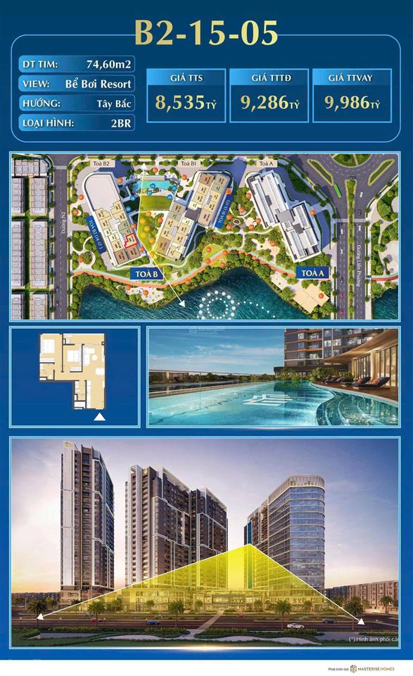 2pn masteri cosmo central view hồ bơi resort 74.6m² giá tốt 8.535 tỷ