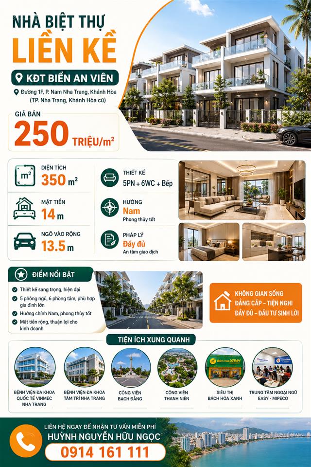 Bán biệt thự view đẹp tại đường 1f, khu đô thị biển an viên, nha trang, 250 triệu / m2, 350 m2