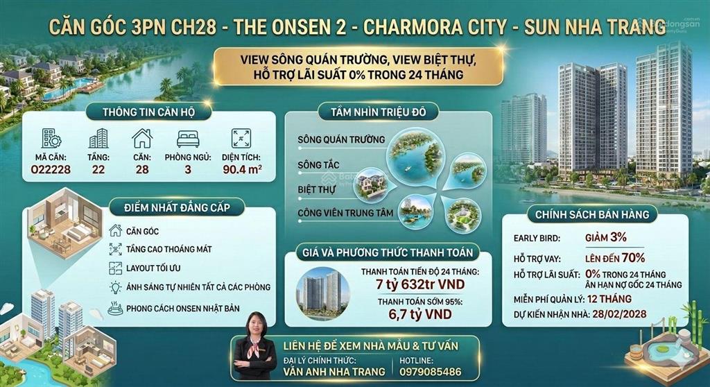 Căn góc 3pn ch28 90.4m2 view sông, view biệt thự the onsen 2 charmora city nha trang chỉ 7,7 tỷ