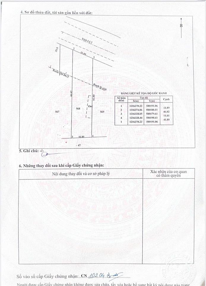 Mt tỉnh lộ 2, dt 11,89 * 46 = 487m2 có sẵn 120m2 thổ. ngay trung tâm. giá chỉ 6tỷ5. 0973 610 ***