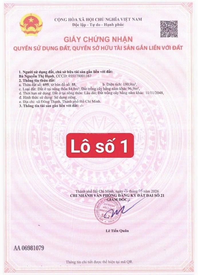 Đất mặt tiền kinh doanh đông thạnh 7, dt 180m², sổ hồng riêng, chỉ 4.85 tỷ