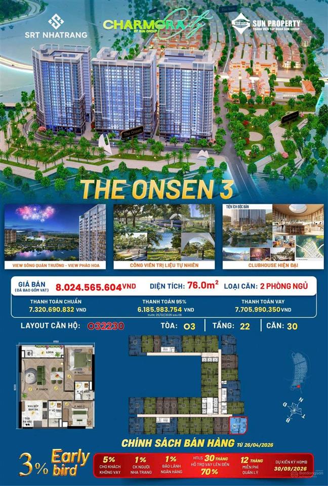 Căn góc 2 mặt thoáng view sông, view pháo hoa hàng đêm tòa the onsen 3 charmora city giá f1 từ cđt