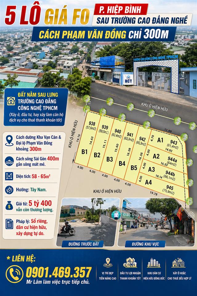 Đất thổ cư hẻm ô tô ngay trường cđ công nghệ 300m ra phạm văn đồng, cách bờ sông 400m. giá f0