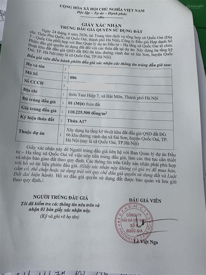 Chinh chủ bán mảnh đất mới trúng đấu giá phiên 24/4/2026 khu dg06 sài sơn, quốc oai cũ 0976 613 ***