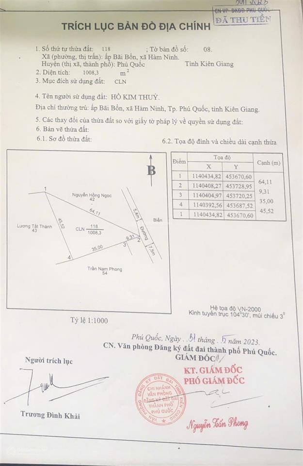 Bán 1000m2 đất biển quy hoạch đất ở, sổ hiển thị đường giá 10 tỷ. có thể tách 500m2 bán riêng
