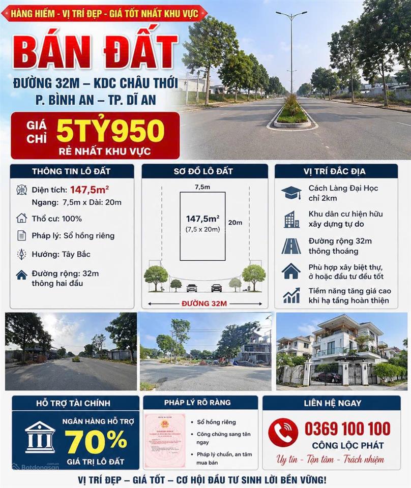 Bán gấp lô đất đường 30m trục chính tái định cư châu thới dĩ an