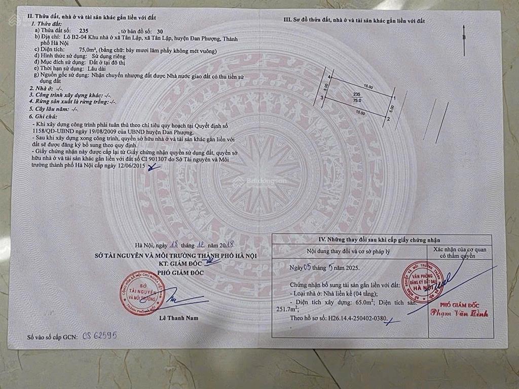 Cần bán nhà liền kề dự án cienco5 tân lập đan phượng cũ. nay xác nhập xã hoài đức, diện tích 75m2