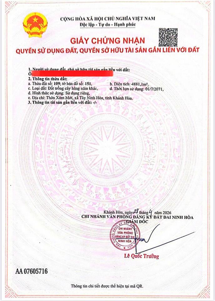 Cần bán dt 4.881 m2 tại thôn xóm mới, xã tây ninh hòa, khánh hòa