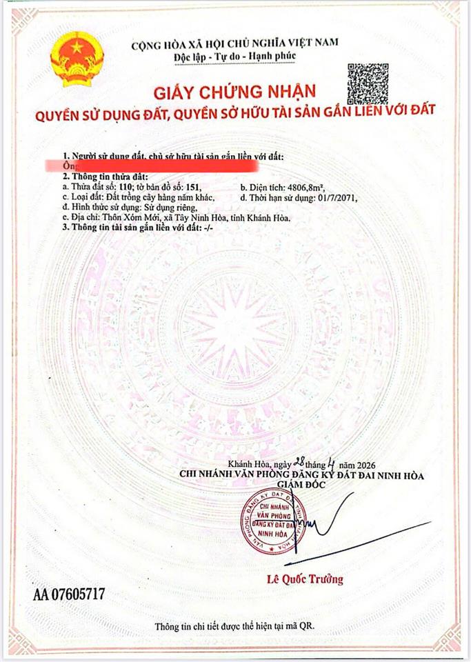 Cần bán lô đất thôn xóm mới, xã tây ninh hòa (ninh tây) dt 4.806 m²