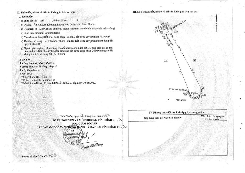 Qsdđ thửa đất số 238, tờ bản đồ số 24, địa chỉ ấp 5, xã an khương, huyện hớn quản, tỉnh bình phước