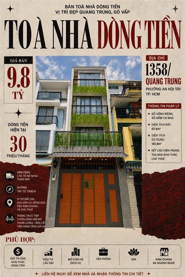 Toà nhà dòng tiền 30tr/tháng, hẻm 2 xe tải quang trung gò vấp, chỉ 9.8 tỷ, 62.6m2