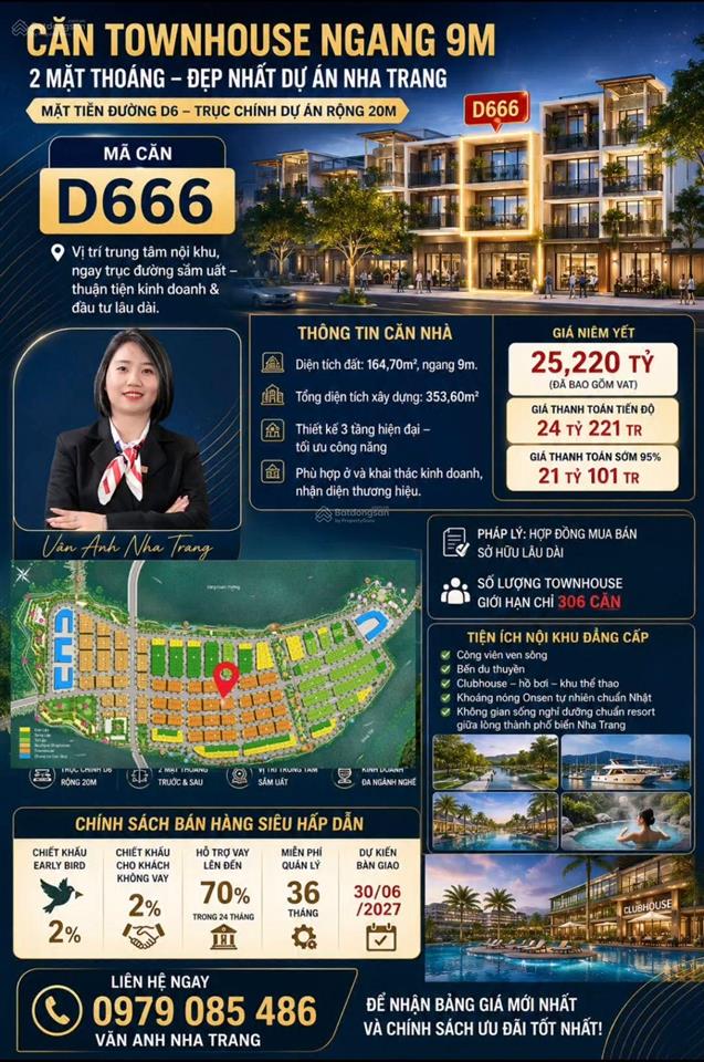 Căn townhouse ngang 9m, 2 mặt thoáng, đẹp dự án charmora city nha trang mặt đường d6 rộng 20m