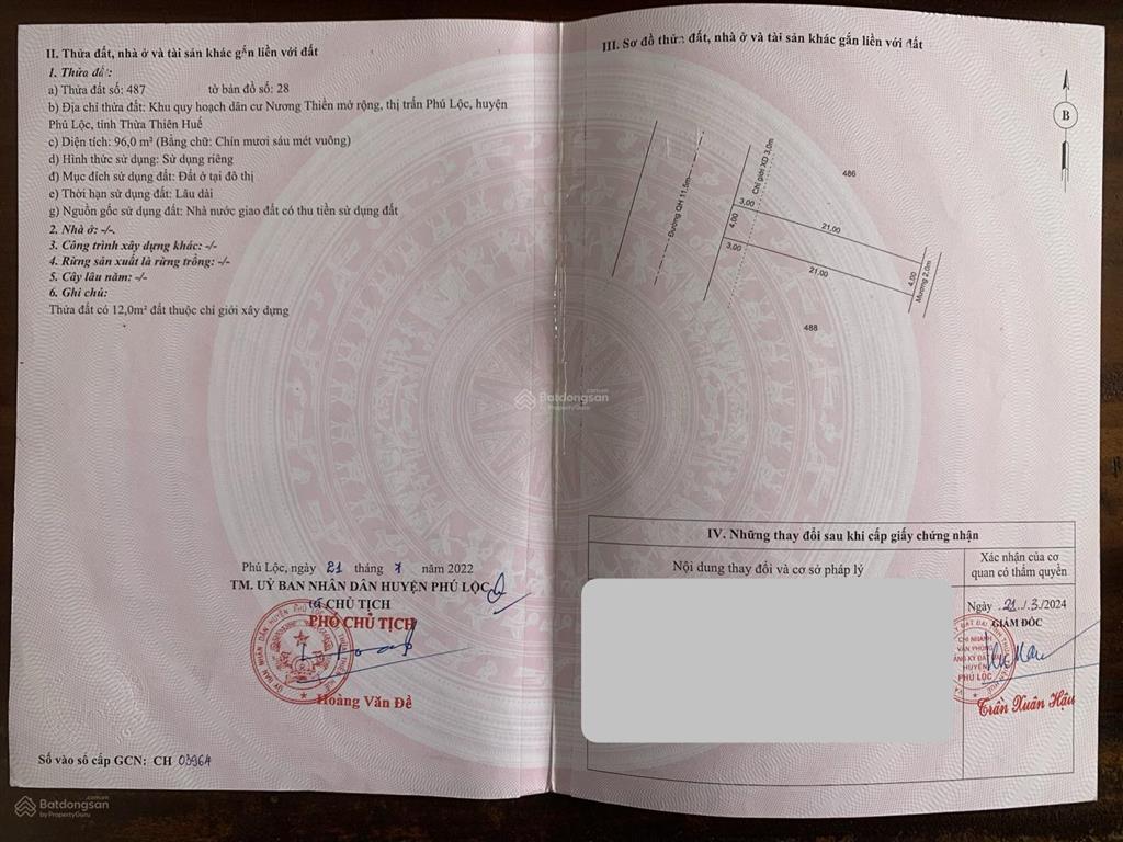 Đất trung tâm phú lộc, cách chợ cầu hai vài trăm mét, 96m2, ở ngay, sổ riêng, giá tốt