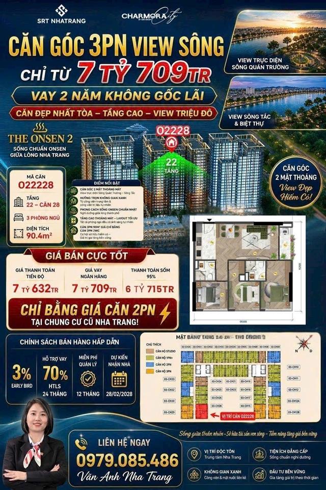 Sở hữu căn góc 3pn 90m2 view sông, view biệt thự the onsen 2 charmora city nha trang chỉ 7tỷ632