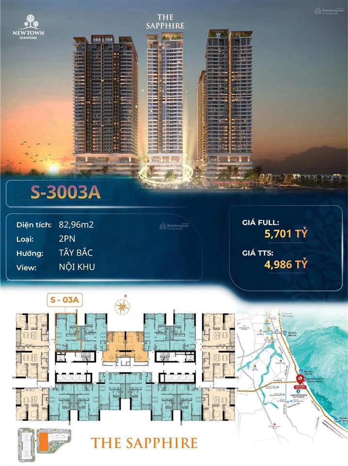 Căn hộ 2pn tầng 30, dt 83m2 giá chỉ 4 tỷ 98 view biển dự án newtown diamond đà nẵng