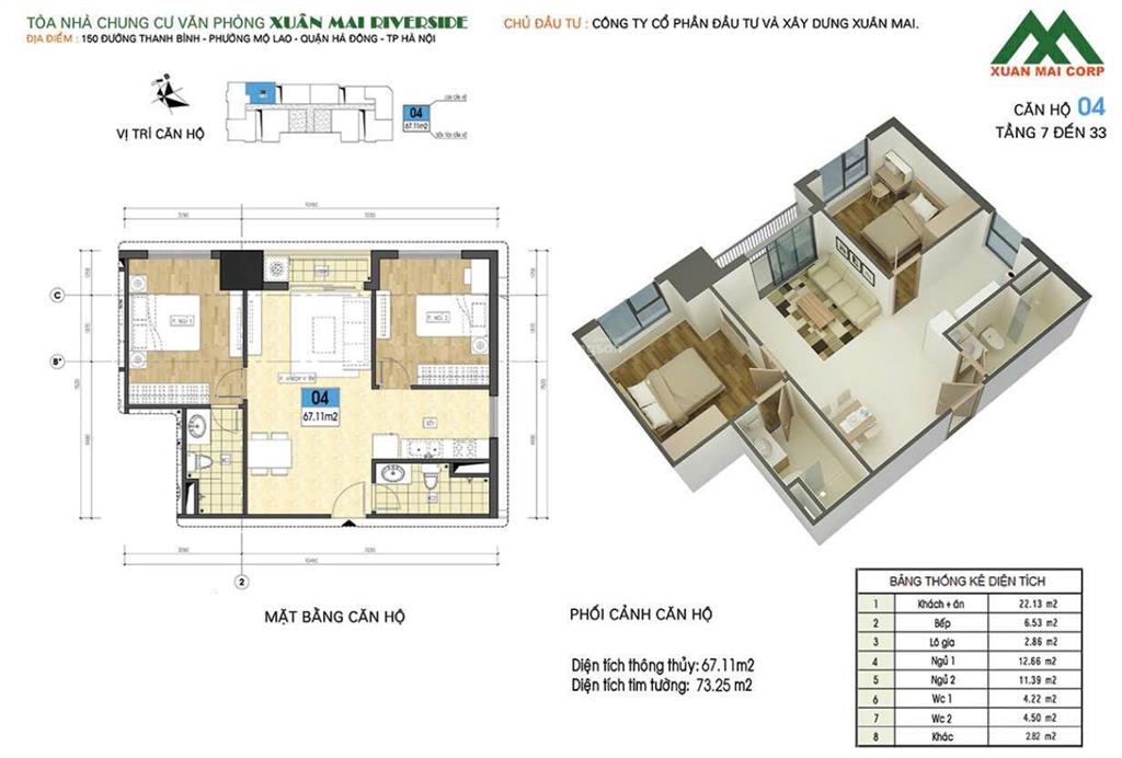 Chính chủ bán căn hộ 67m2 cc xuân mai riverside 2 ngủ 2wc, tầng đẹp, hướng mát, nội thất đầy đủ.