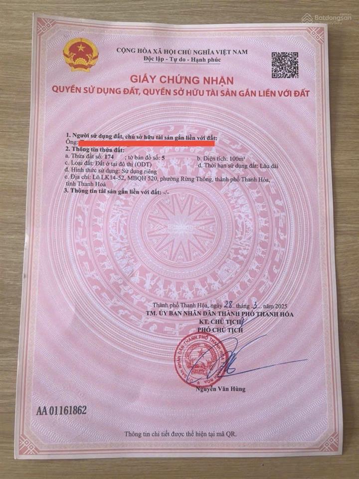 Chính chủ cần bán lô lk14 ô 52 tại mb520 tt. rừng thông, đông sơn, thanh hóa